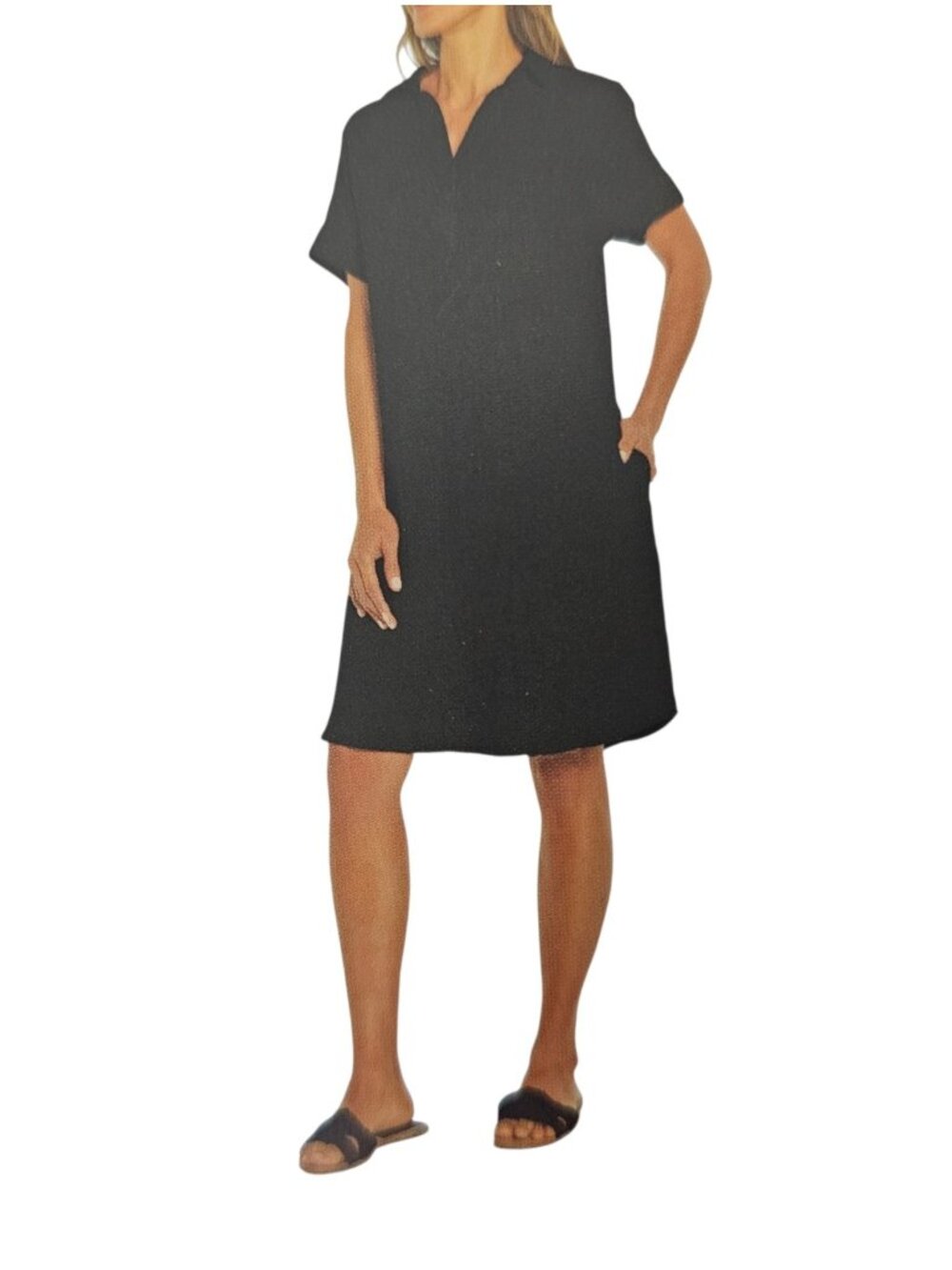 Three Dots Black Cotton Boho Gauze Popover V-Neck Shift Dress Coverup New M - Picture 8 of 12